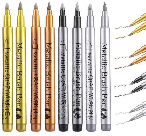 Thboxes Metallic Acrylmarker Set, 8 Stück, 4 Farben, Wasserfest | für Stein, Holz, Glas & Papier; 1–5 mm Flexibel + 2 mm Spitze; Schnelltrocknend, Deckend