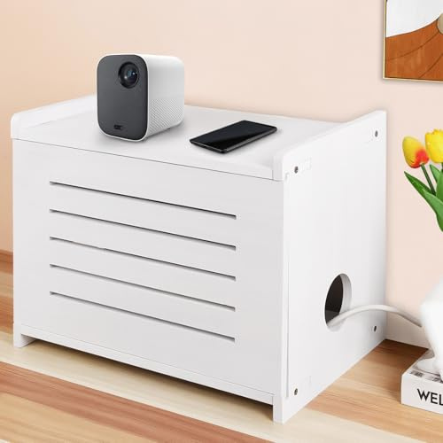 BEARUT Wood Router Shelf Projector Shelf Projector Stand Router Storage Box Modem Cable Router Cover Organized Power Strip Cable Management Hider Rack White
