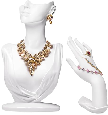 SONICTOP 2Pcs Jewelry Mannequin Display Set, Necklace Bust Mannequin Earring Stand Bracelet Ring Hand Jewelry Holder for Selling Show