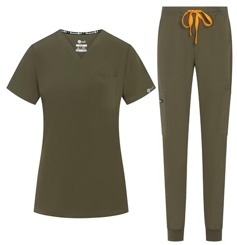 B-well NAOMI Sskrubbset slip-väska + slip-on-set medicin läkare uniform slip-jacka topp med byxor medicinska arbetskläder med elastan, OLIV, S