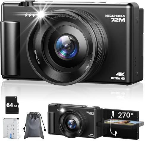 Appareil Photo Numérique 4K, Appareil Photo Compact 72MP 18X Digital Zoom, écran Rabattable 270° et autofocus Appareils Photo vlogging avec Carte 64GB Batterie pour Adolescents Débutants Adultes Noir