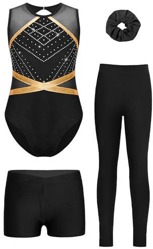 Sxiwei Fille 4 Pièces Tenue Gymnastique Justaucorps Legging Short Chouchou Ensemble Danse Gym Patinage Artistique Noir 9-10 ans