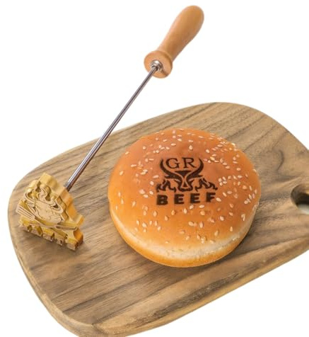 RYTTGOP Fer de marque personnalisé pour aliments – Tampon en fer personnalisé pour hamburger, chignon artisanal, tampon avec logo pour marquer les hamburgers, ensemble de tampons brûlants pour steak