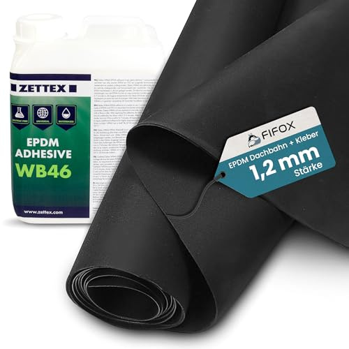 FIFOX Set EPDM Dachfolie 1,2 mm mit Zettex WB46 Kleber (2 L) - 3,05 x 3,00m EPDM Folie plus wasserbasierter EPDM Folienkleber - Lösungsmittelfrei, UV-beständig & langlebig für Dachabdichtungen