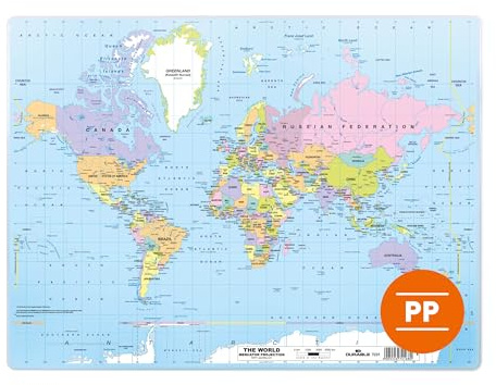 Durable Desk Mat World Map, 50 x 38cm, Made of Polypropylene