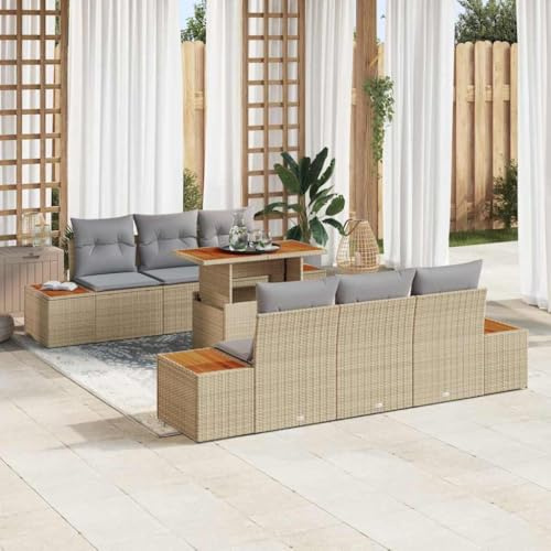 QJBSAVVA 7-teiliges Outdoor Lounge Sofa Set Polyrattan Beige Grau 100 x 55 x 73 cm Wetterschutz Eckbank mit Akazienholz Beistelltisch Modular für Garten Terasse Balkon