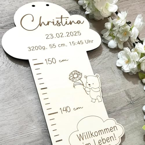 NoriKids Holz Messlatte mit Namen - 60-150 cm – Motiv Willkommen | Individueller Messstab für Kinder – personalisierte Geschenke zur Geburt, Taufe & Geburtstag – Wanddeko Kinderzimmer