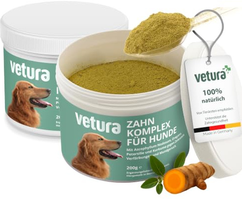 Vetura Zahnpflege Zahnpulver Hund 2 x 200g – gegen Maulgeruch & Zahnbelag | Mit Postbiotika L. plantarum, Seealge, Spirulina, Kurkuma & Oregano, vegan, getreidefrei, laktosefrei, Made in Germany, GMP+
