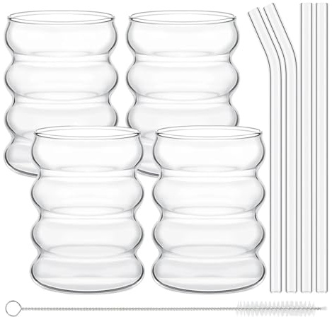 FGUJSUR Leeseph 4Pcs Creative Glass Cups Coffee Mug Vintage Drinking Glasses Ribbed Glassware Aesthetic with Straws Set