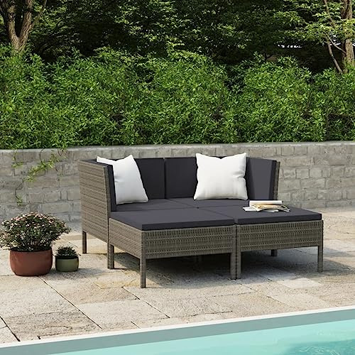 Mokuyary 4-TLG. Garten-Lounge-Set mit Auflagen Poly Rattan Grau Gartenmöbel Set, Outdoor Balkonset Terrassenmöbel, Gartenlounge Sitzgruppe für Terrasse, Balkon, Garten -C