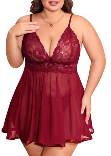 UMIPUBO Nuisette Sexy Femme Grande Taille Lingerie Dentelle Babydoll Robe Sensuelle Chemise de Nuit Tenue Hot Ensemble sous Vetement avec String Xl-4XL