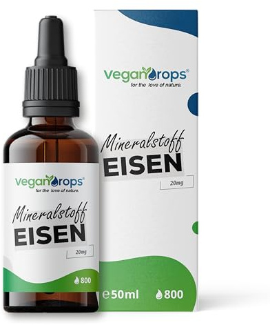 Vegan Drops® - Eisen Tropfen - 20mg Eisen pro Tagesdosis - 800 Tropfen, 50ml - vegan, ohne Alkohol & in Deutschland produziert - zur Verringerung von Müdigkeit