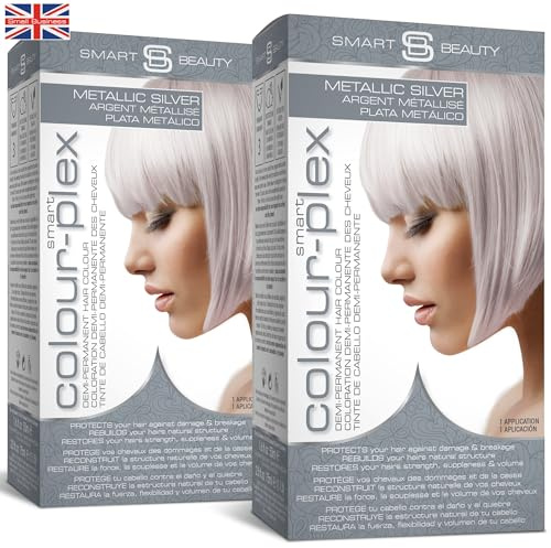 Lot de 2 teintures capillaires semi-permanentes argentées métallisées - Pour cheveux décolorés - Anti-casse - Vegan - Gris argenté - Smart Beauty