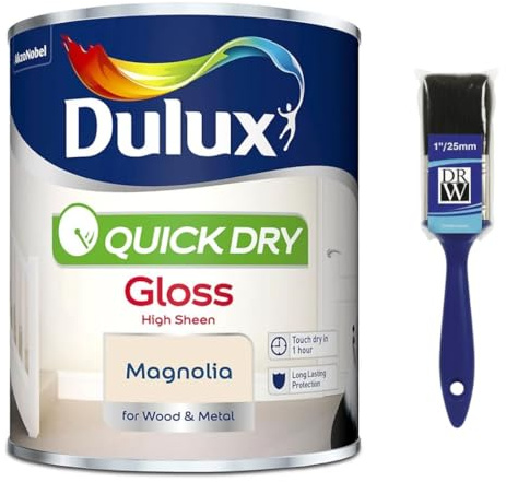 Magnolia Quick Dry Gloss Paint 750ml+ 1 Paint Brush | Interior Wood and Metal Paint | High Shine Durable Finish | Fast Drying Trim Paint for Doors Skirting Boards Radiators and Furniture