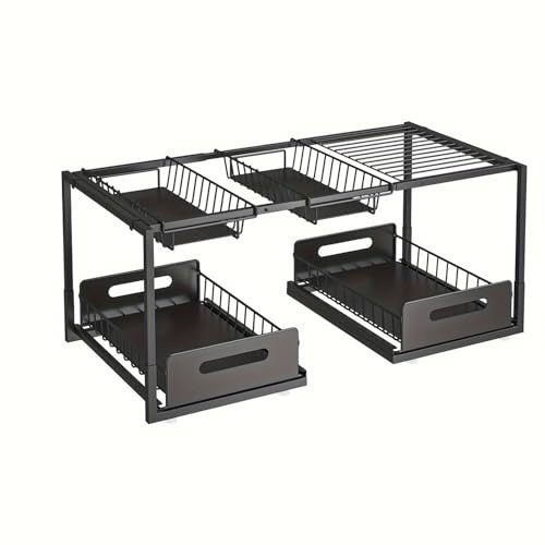 Felenny Organizador de mueble bajo con 2 niveles, 43-80 cm de longitud ajustable, estante bajo encimera con 2 cajones y 2 cestas y estante lateral, de acero inoxidable para cocina (blanco)