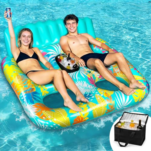 FORMIZON Luftmatratze Pool, Doppelte Deluxe Luftmatratze Wasser Erwachsene, Groß Solarium Tanning Pool Matratze mit Kissen Getränkehalter Eiskübel Kühltasche für Wasser Party Strand Sommerspaß (Grün)