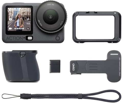 DJI Osmo Action 6 Straßenfotografie-Combo, 8K-Action-Cam | 1/1,1-Zoll-Quadratsensor, variable Blende f/2,0–f/4,0, 4 Std. Akkulaufzeit, mit Zubehörset Straßenfotografie-Griff