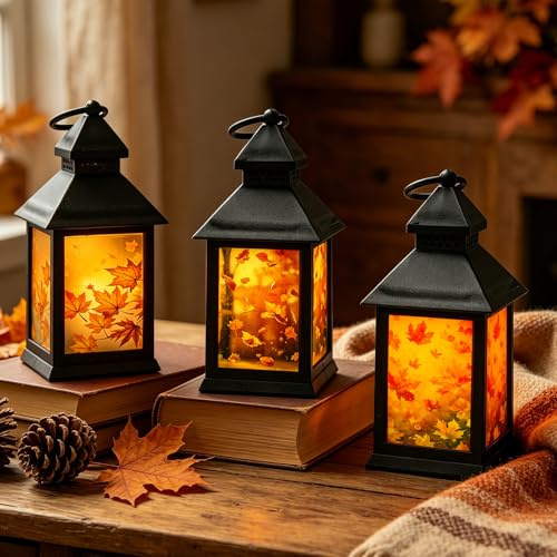3 Pièces Lanterne Halloween Decoration, Deco Automne Interieur Exterieur Suspension, Feuille Automne Decoration, LED Bougie Automne Lampe Halloween, Decoration Halloween Table Interieur Exterieur