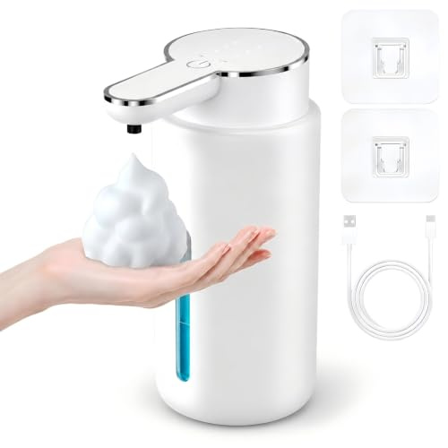 400ML Dispensador Jabon Baño Automatico, 4 Niveles Dispensador Jabon Cocina | Dosificador Jabon Baño con Sensor, 2 Ganchos, Cable USB, Resistente al Agua IPX5 para Cocina, Baño, Escuelas, Aseo, Familia