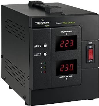 Tecnoware Estabilizador de Tensión 3000VA para televisores, equipos HiFi, impresoras y dispositivos electrónicos, protege contra picos de corriente, no es un SAI, listo para usar
