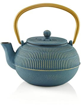 Beka Yuan théière en fonte japonaise 0,9 L - Théière avec infuseur en inox, anse rabattable et bec veseur anti-goutte - Bouilloire compatible avec tous feux - Théière orientale bleue