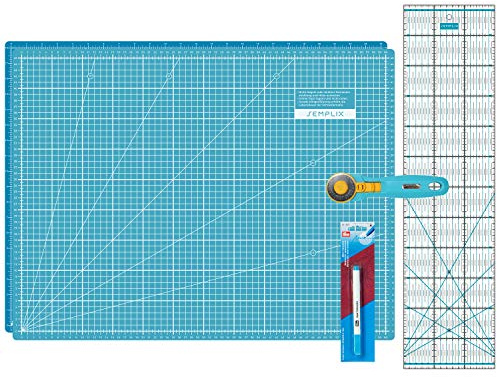Semplix Schneidematten Set A2 Rollschneider Lineal Prym (türkis/petrol) | A2 Schneidematte 60x45 cm selbstheilend mit Rollschneider Ø45 mm, Lineal 60x15 cm & Prym Aqua-Trickmarker.