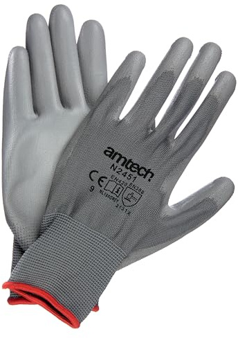 Amtech N2451 Light Duty PU Coated Work Gloves Large (Size 9), Certified Quality for Craft, Assembly and Packing, Grey