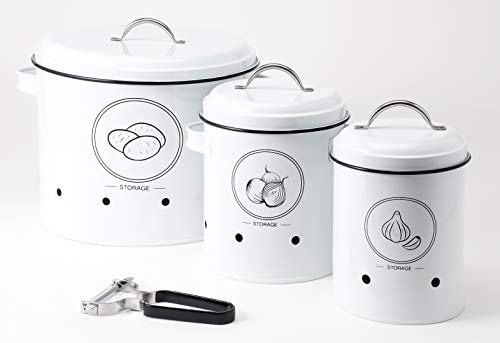 Hanseküche Set de récipients de conservation avec éplucheur - Pot de pommes de terre, pot d'oignons et pot d'ail de haute qualité pour la conservation des légumes (blanc)
