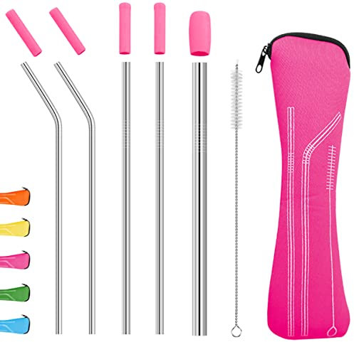 Uoking Reusable Metal Drinking Straws Set, with Silicone Tips Cover & 1 Cleaning Brushes for Smoothie, Boba, Bubble Tea and Cold/Hot Drinks (Pink)