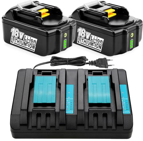 Energup 2 Stück 18V 5000mAh Li-ion Ersatzakku + DC18RD Dual Port Ladegerät für Makita 18V Akku BL1850B BL1830 BL1840 BL1850 BL1860 BL1815 BL1820