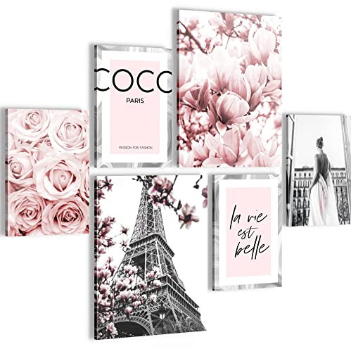 Novart Wandbilder Set Fashion Coco Grau Rosa - KEIN EXTRA RAHMEN BENÖTIGT - Modern Deko - Wohnzimmer Mädchen Teenager N002463a