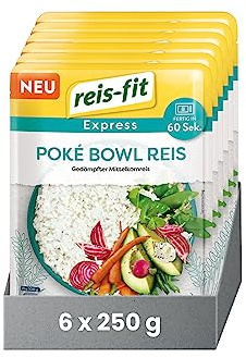 reis-fit Express Poké Bowl Reis 6x250g, vegan & glutenfrei, leckerer Reis für die Mikrowelle mit Reisessig, Sushi Reis, in 1 Minute fertig