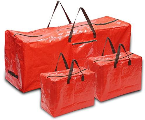 DIVCHI 3pcs Christmas Storage Bags Extra Large Xmas Tree Decoration Accessories Bag Heavy-duty Waterproof Holiday Décor Ornaments Baubles Tinsels Lights Organiser With Durable Handles (Red)