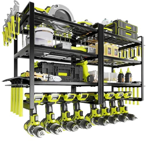 KAFAHOM Power Tool Organiser Wall Mount, 4-Tier Drill Holder for Cordless Tools, 2-Pack Set, Garage Storage Rack with Side Hooks for Hammers & Pliers, Tool Organiser for Workshop/Utility Room