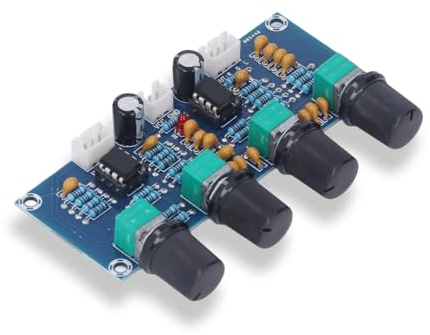 Preamplifier Tone Board, High Working Efficiency Three Tone Adjustments Dual Channels Preamp with 2 Connecting Cable, Dual Core NE5532 Chip for Digital Amplifier DC 12V‑24V