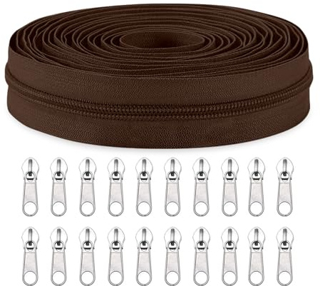 Sawoake #5 Nylon Coil Reißverschlüsse Bulk 9 Meter mit 20pcs Reißverschluss Schieber für DIY Nähen Schneider Handwerk Tasche Kleidungsstück Home Textile(Braun)