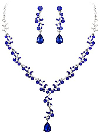Clearine Juegos de Joyas de Mujer Boda Nupcial Hoja Lágrima Cristal Collar Pendiente Conjunto Filigrana Joyería Conjunto,Color Azul A Plata-Tono