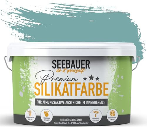 SEEBAUER diy Silikatfarbe Türkis 2,5L für Innen (No. 779 Tourqoise Dream) Atmungsaktive Mineralfarbe für Allergiker - Abwaschbare Wandfarbe - Türkistöne hohe Deckkraft
