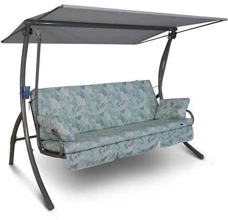 Angerer Freizeitmöbel GmbH Hollywoodschaukel Dream - Gartenschaukel Made in Germany - Schaukel zum Sitzen, Liegen und Entspannen - mit Bett-Funktion - einfache Montage (Beige-Blau-Grün Schmetterling)