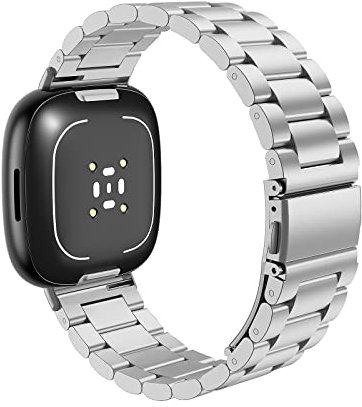 MoKo Metall Armband Kompatibel mit Fitbit Versa 4/Versa 3/Sense 1/2, Edelstahl Ersatzarmband Uhrenarmband für Damen Herren, Silber