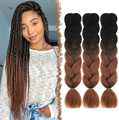 FESHFEN Meche Cheveux pour Tresse - Lot de 3 Meches pour Tresses Africaine Noir/Marron Braids Mèche Rajout Cheveux Tresses Synthétique Jumbo Extension de Cheveux Femme, 60 cm