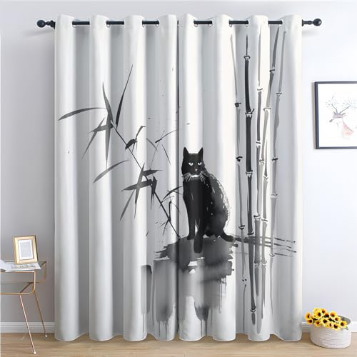 SZLYZM Vorhänge Katzen, Verdunkelungsvorhang 2er Set - Vorhang Blickdicht Bambus Muster Muster, Thermovorhang für Deko Wohnzimmer Schlafzimmer Kinderzimmer, Gardinen mit Ösen 245x140 cm (HxB)