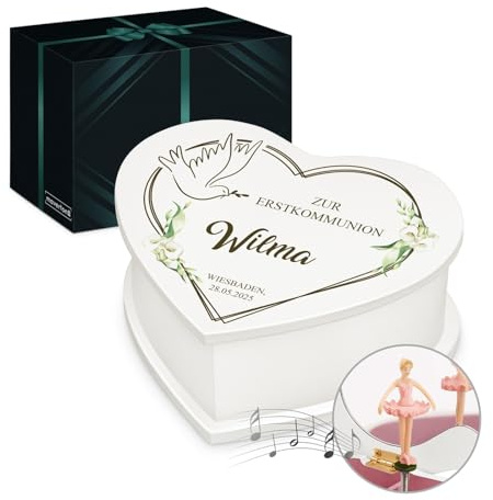 Maverton personalisierte Musikschmuckdose in Herzform mit Aufzieh-Spieluhr - Schmuckkästchen Ballerina Spieldose - Herz Schmuckkiste für Mädchen zur Taufe Erstkommunion - zu Weihnachten - Täubchen