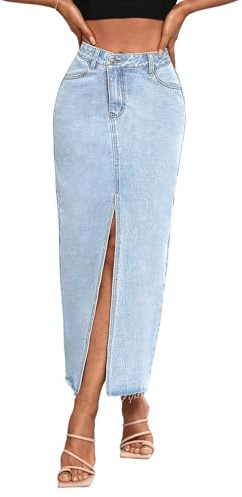 Women's High Waist Maxi Denim Skirt Front Split Frayed Raw Hem A line Casual Long Jean Skirt Light Blue S.