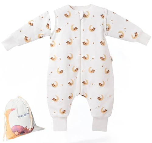 Mababu Sacco nanna per tutto l'anno con piedini e maniche rimovibili - 1,5 TOG - 100% GOTS - Cotone biologico - Sacco nanna per bambini per tutto l'anno con piedini - polsini ribaltabili, orso, 100 cm