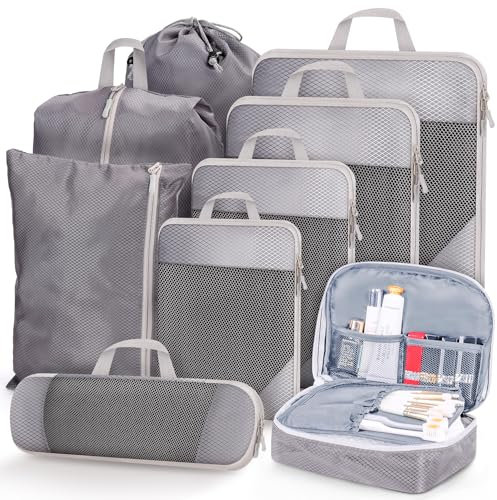 MUUKAIII Koffer Organizer Set 9 Teilig, Packing Cubes Compression,Packtaschen mit Kompression,Travel Organizer für Koffer und Rucksack,Packwürfel,Kofferorganizer Reise Kleidertaschen,Schwarz-Grau