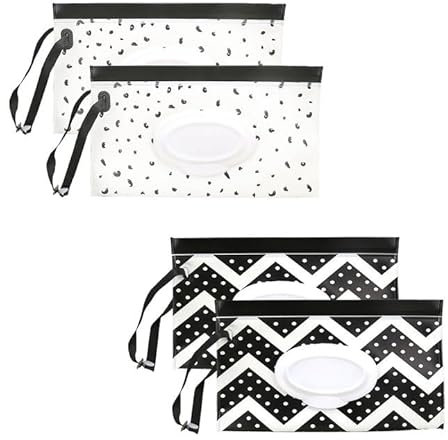 EUPSIIU 4 Stück Feuchttücher Tasche für Babys Feuchttücher Box, Feuchtes Toilettenpapier Box, Wiederverwendbar Wet Wipe Tasche, Baby Feuchttuchspender Mit Deckel für Zuhause und Büro (Schwarz, Weiß)