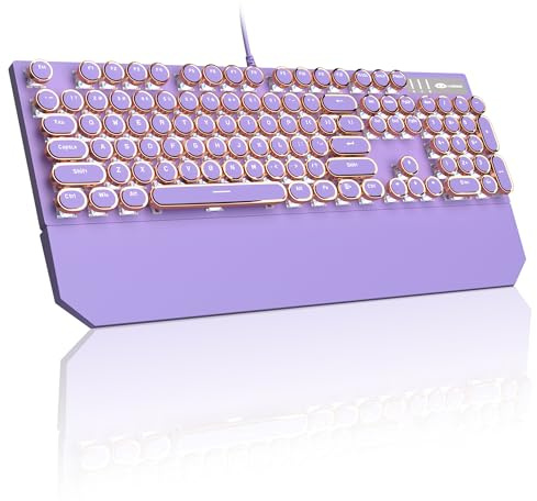 MageGee Typewriter Mechanical Gaming Keyboard, Retro Punk Purple Round Keycaps, 104 Keys LED White Backlit Wired Keyboards for Laptop MAC PC Gamer, with Magnetic Wrist Rest, Blue Switch