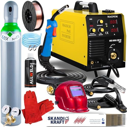 MAGNUM MIG-MMA 200W - 180A Inverter MIG MAG Schweißgerät mit Schutzgas und Fülldraht - Multi Schweißgerät mit Fahrwerk - Elektroden Schweißgerät (MMA) und Lötschweißen - Set:ProfessionalPlus