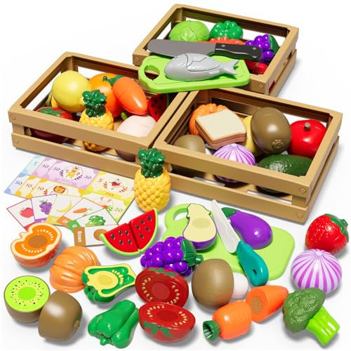 BunnyJOY Accesorios de Cocina Infantil, Juguetes de Frutas y Verduras para Cortar, Set Educativo Montessori para Niñas Niños 3+ Años, Alimentos con Velcro para Cocinita, Juegos de rol y Regalos